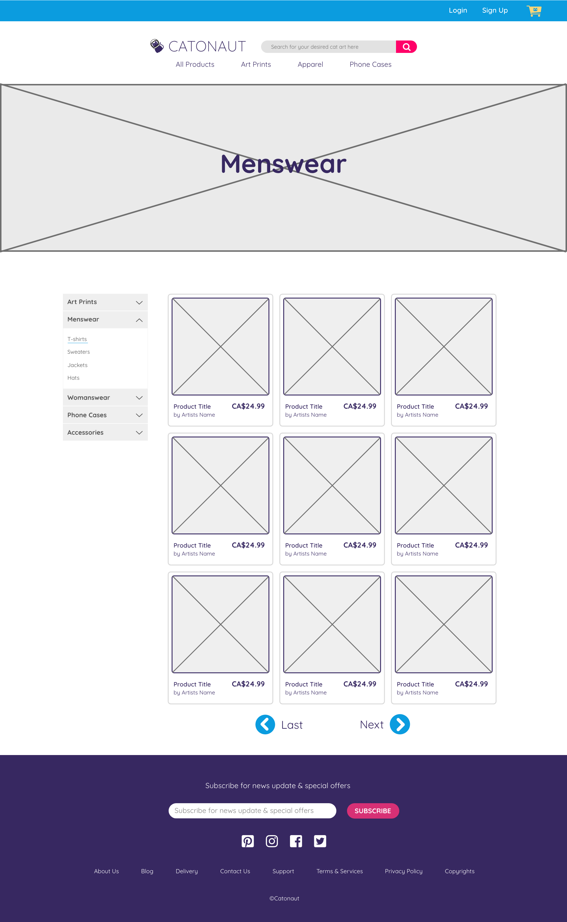A wireframe image of the Catonaut website product list page.
