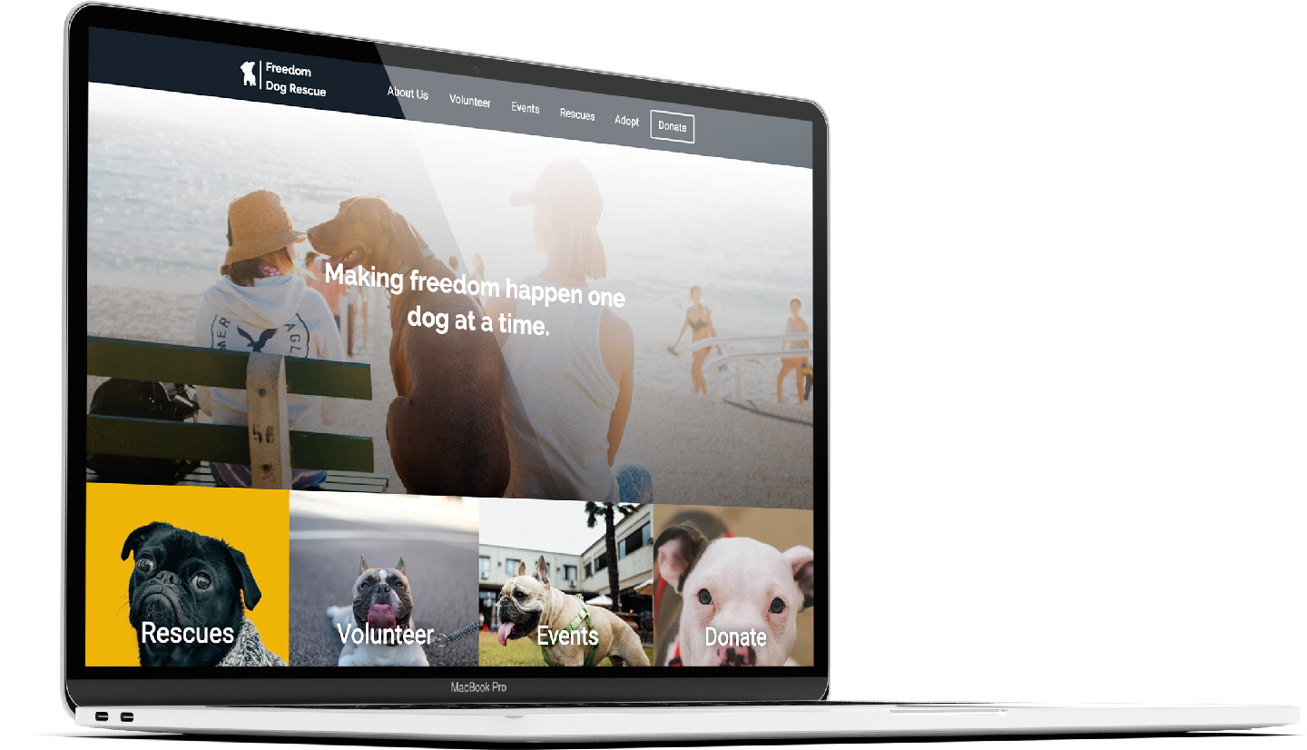 Freedom Dog Rescue website mockup in a Macbook